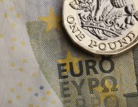 Pound coin on a Euro banknote